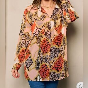 WOMEN'S LONG SLEEVE BUTTON UP FRONT POCKET MULTI PRINT BLOUSE